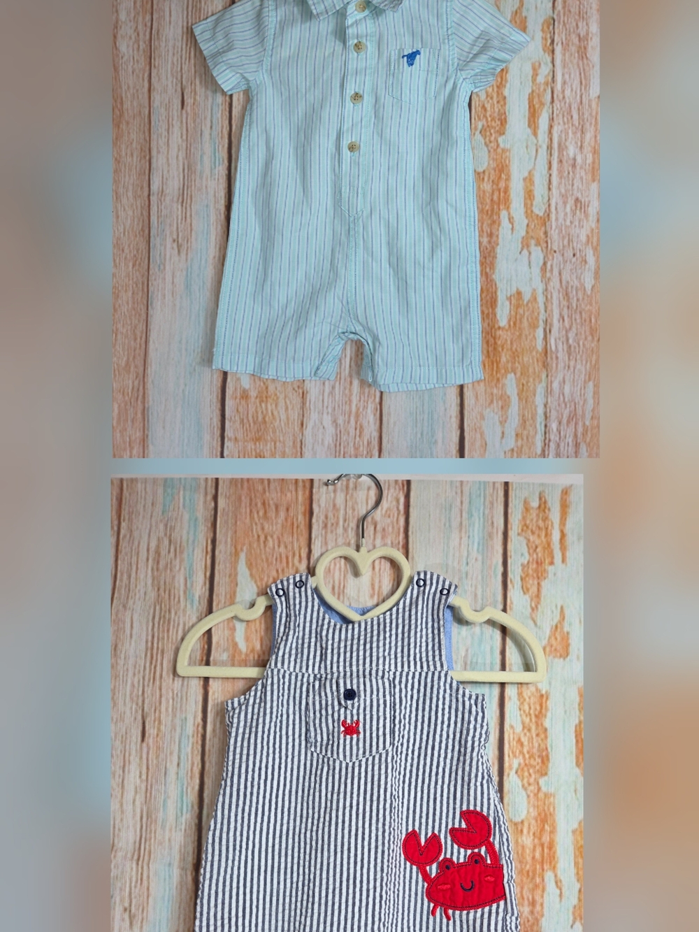 Lot Of 2 Boy Rompers. Wrangler Mint Green and Little Me Crab Romper. 6m